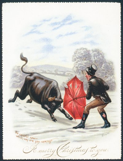 Taureau chargeant un parapluie rouge, Carte de Noël - English School