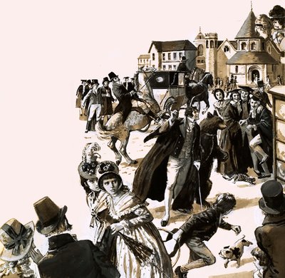 Byron a provoqué un grand émoi avec son ours de compagnie dans les rues de Cambridge (gouache sur papier) - English School