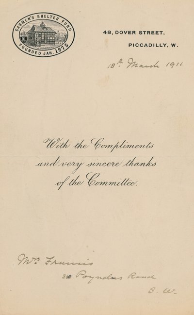 Abri pour cochers Fun, fondé en janvier 1875. Lettre - English School