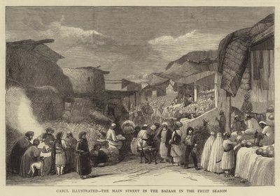 Cabul illustré, la rue principale du bazar en saison des fruits - English School