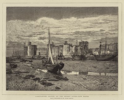 Château de Caernarvon, sur la rivière Seiont, marée basse (gravure) - English School