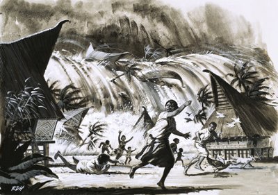 Calamité à Krakatoa. Une vague de marée s
