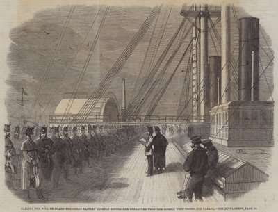 Appel à bord du Great Eastern peu avant son départ de la Mersey avec des troupes pour le Canada (gravure) - English School