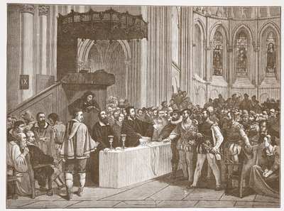Calvin refusant la Cène aux Libertins, dans la cathédrale Saint-Pierre de Genève, illustration de L