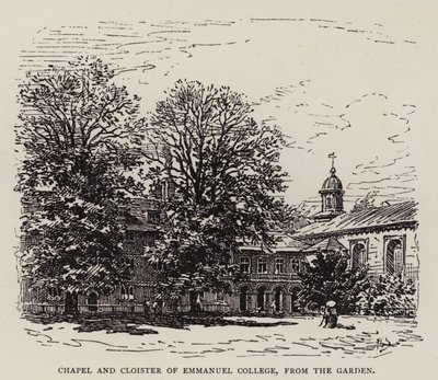 Cambridge : Chapelle et cloître du Emmanuel College, depuis le jardin - English School