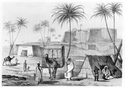 Litière de chameau à Morzouk en Fezzan, Libye, de Narrative of Travels in Northern Africa par G.F. Lyon, publié en 1821 - English School
