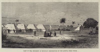 Camp du 59e régiment à Mooltan, rendez-vous de la force de campagne de Quetta (gravure) - English School
