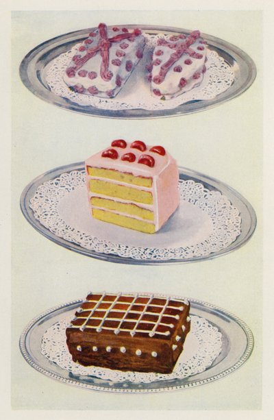 Gâteau canadien ; Gâteau en couches ; Gâteau au chocolat glacé (lithographie en couleur) - English School