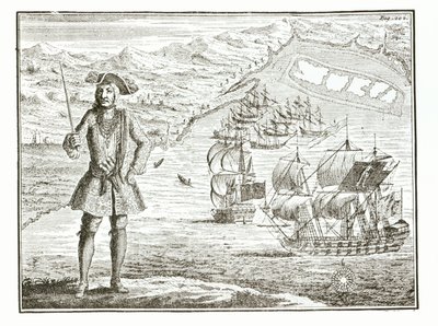 Capitaine Bartholomew Roberts (1682-1722) avec deux navires, le Royal Fortune et le Ranger prennent la mer à Whydah Road sur la côte de Guinée, 11 janvier 172? extrait de A General History of the Robberies and Murders of the most Notorious Pyrates - English School