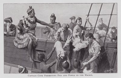 Le capitaine Cook présentant des cochons et des volailles aux Maoris - English School