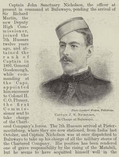 Capitaine J S Nicholson, en charge à Buluwayo (gravure) - English School