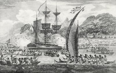 Le capitaine Wallis attaqué par les Indiens - English School