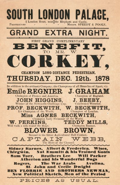 Capitaine Webb, le héros de la Manche, Corkey le piéton, les Beckwith (nageurs) et autres au South London Palace, 1878 - English School