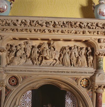 Cheminée sculptée dans le salon, représentant Élisabeth I accueillie par le comte de Hereford en 1591, 16ème siècle - English School