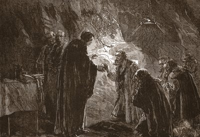 Célébration de la Cène par Calvin et ses compagnons protestants dans la grotte de Poitiers, illustration de L