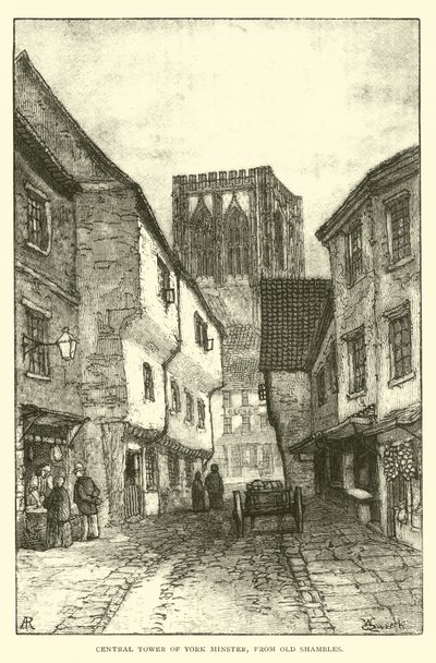 Tour Centrale de la Cathédrale de York, depuis Old Shambles - English School