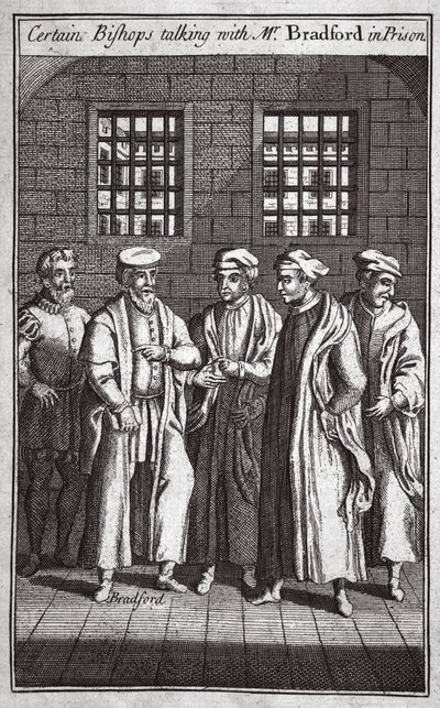 Certains évêques parlant avec M. Bradford en prison, illustration des Martyrs de Foxe vers 1703 - English School