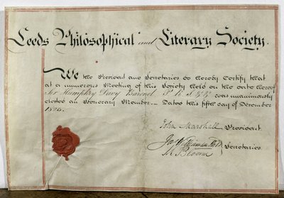 Certificat de membre honoraire pour Sir Humphry Davy (1778-1829) à la Société philosophique et littéraire de Leeds, 5 décembre 1823 - English School