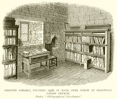 Bibliothèque enchaînée, fondée en 1598, dans la salle au-dessus du porche de l