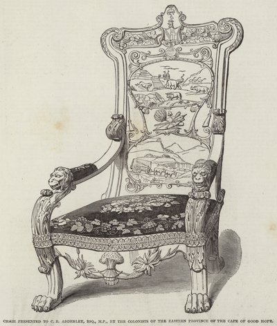 Chaise offerte à C B Adderley, Esquire, MP, par les colons de la province orientale du Cap de Bonne-Espérance (gravure) - English School