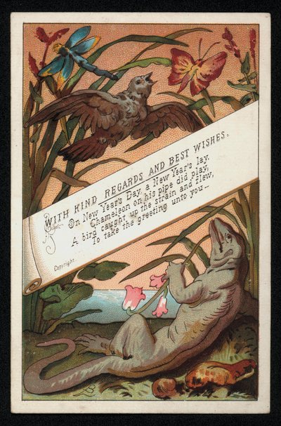 Caméléon avec vers et un oiseau, carte de vœux du Nouvel An (chromolithographie) - English School