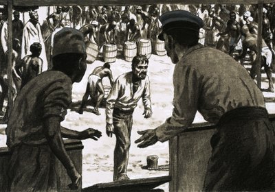 Charles Osborne et le capitaine Stott disposaient des fûts de rhum sur la plage - English School