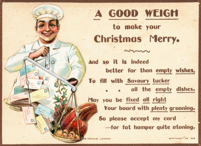 Chef pesant des lettres et de la nourriture sur une balance, carte de Noël - English School