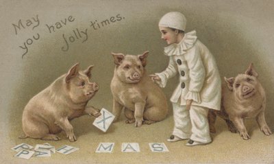Enfant en costume de Pierrot avec trois cochons, carte de Noël - English School