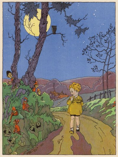 Enfant se promenant la nuit et voyant des lapins, des elfes et d