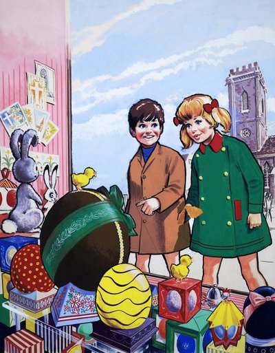 Enfants admirant une exposition de Pâques - English School