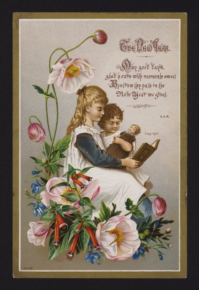 Enfants lisant un livre, carte de vœux du Nouvel An, fin du 19e ou début du 20e siècle - English School