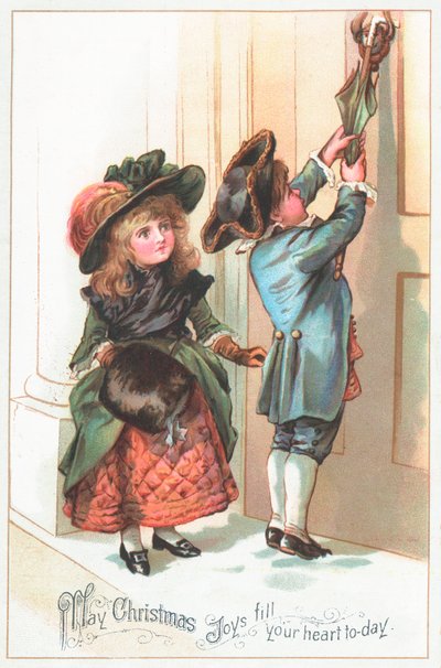 Enfants utilisant un parapluie pour frapper à la porte, Carte de Noël - English School