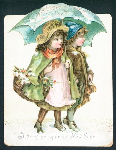 Enfants marchant dans la neige sous un parapluie, carte de Nouvel An - English School