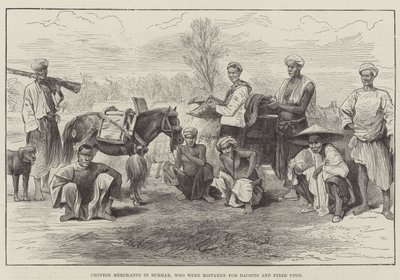 Marchands chinois en Birmanie, pris pour des dacoïts et tirés dessus (gravure) - English School