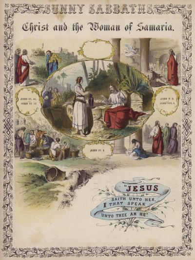 Le Christ et la femme de Samarie (gravure en couleur) - English School