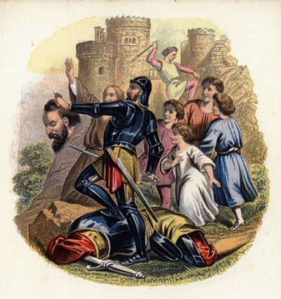 Christiana et les pèlerins regardent Greatheart tuer Giant Despair, une illustration de Le Voyage du pèlerin de John Bunyan - English School