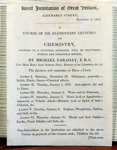 Affiche de Noël pour Six Conférences Élémentaires sur la Chimie par Michael Faraday (1778-1829) 3 décembre 1827 - English School