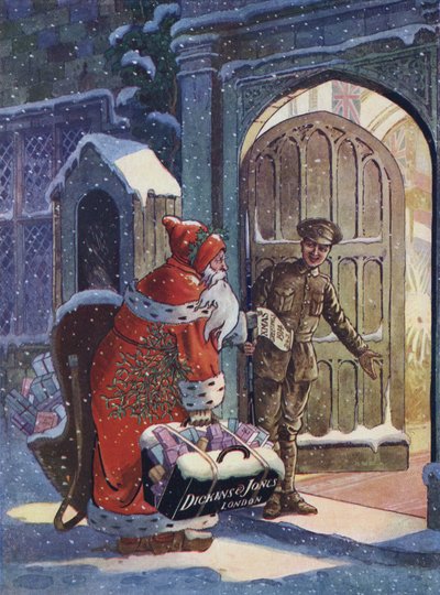 Publicité de Noël montrant le Père Noël apportant des cadeaux aux soldats de la Première Guerre mondiale du magasin Dickins et Jones - English School