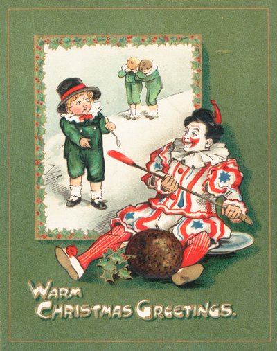 Clown volant le pudding aux prunes, Carte de Noël - English School