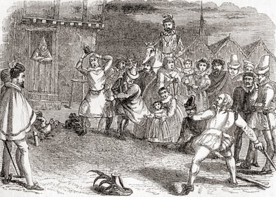Lancer de coq, alias cock-shying ou lancer sur des coqs, tirée de Old England: A Pictorial Museum, pub. 1847 - English School