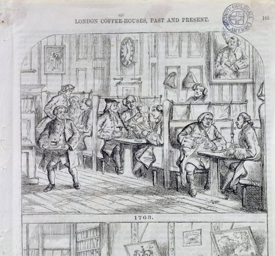 Salle de café en 1763, de London Coffee-Houses Past and Present (gravure en couleur) - English School