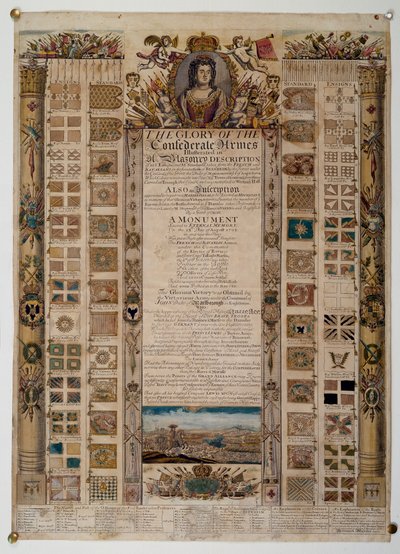 Carte commémorative montrant les étendards capturés aux Français après la bataille de Blenheim, vers 1704 - English School