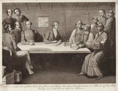 Conférence à Chusan entre le commodore Bremer et un officiel chinois sur le HMS Wellesley le 4 juillet 1841 - English School