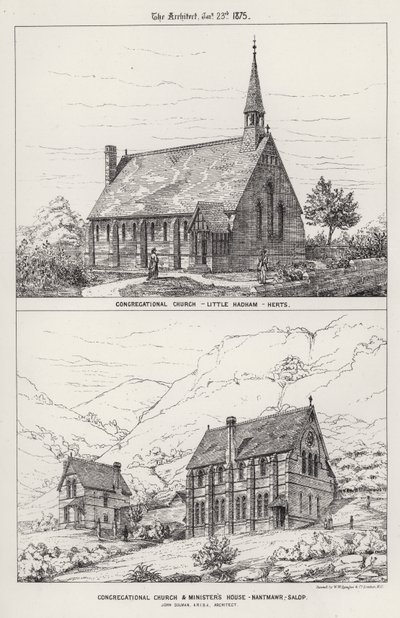 Église congrégationaliste, Little Hadham, Herts ; Église congrégationaliste et maison du ministre, Nantmawr, Salop (gravure) - English School