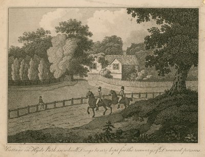 Cottage à Hyde Park où sont conservés des médicaments, etc., pour la récupération des personnes noyées - English School