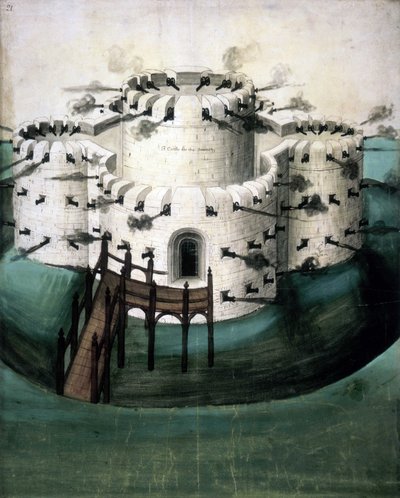 Cotton Augustus I i f.21, Design pour les châteaux de Walmer et Sundown ("Un château pour les Downes") - English School