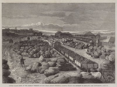 Balles de coton au terminus de Bombay du Grand Chemin de Fer Péninsulaire Indien prêtes pour l