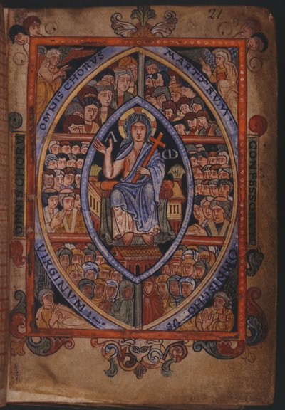 Cotton Galba A. XVIII, f.21 Christ en trône avec des chœurs de martyrs, confesseurs et vierges - English School