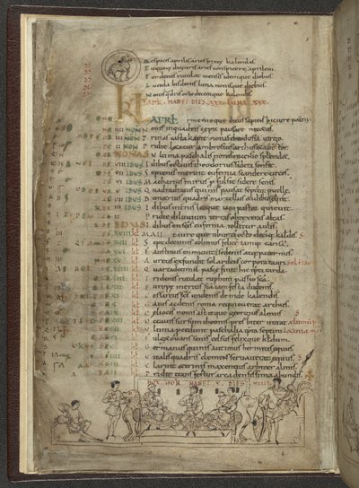 Cotton MS Julius A. VI, f.4v, Page de calendrier pour avril: Scène de festin avec trois nobles - English School