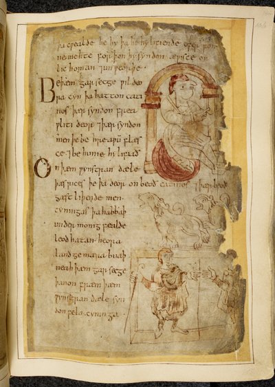 Un homme assis sur un coussin sous une arche; deux catini, bêtes à gueule ouverte comme des chiens; un homme en robe avec un bâton, tendant la main à un autre homme, illustration de Beowulf, tirée du 